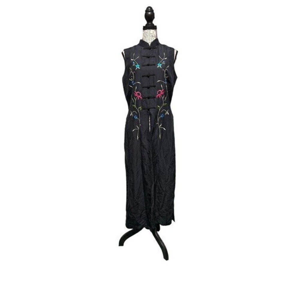 Vintage 1990s David Warren Blk Silk Cheongsam Embroidered Flowers 10 whimsigoth